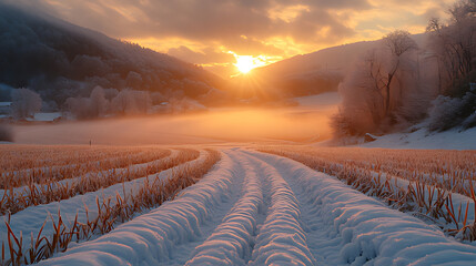 Snowy field sunrise, winter landscape, misty valley