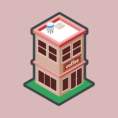 Obraz premium isometric two floor coffee shop building with outline flat vector design.