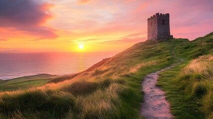 Fototapeta premium Sunset over an old stone castle tower 