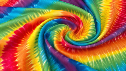 Vibrant tie-dye fabric with swirling rainbow colors in a creative pattern