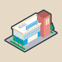 isometric supermarket building with outline flat vector design.