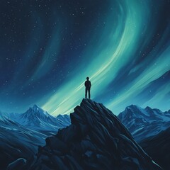 Fototapeta premium Gazing at the northern lights mountain peak digital art nighttime wide angle exploration of nature's wonders