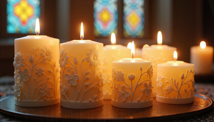  Decorative candles glowing in a dimly lit room with stained glass.

