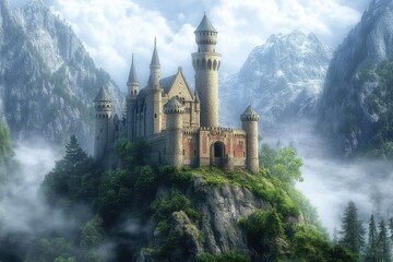 Majestic castle stands on a rocky peak surrounded by misty mountains and lush forests