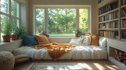 Cozy bedroom corner with books and soft blankets