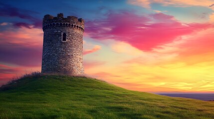 Sunset over an old stone castle tower
