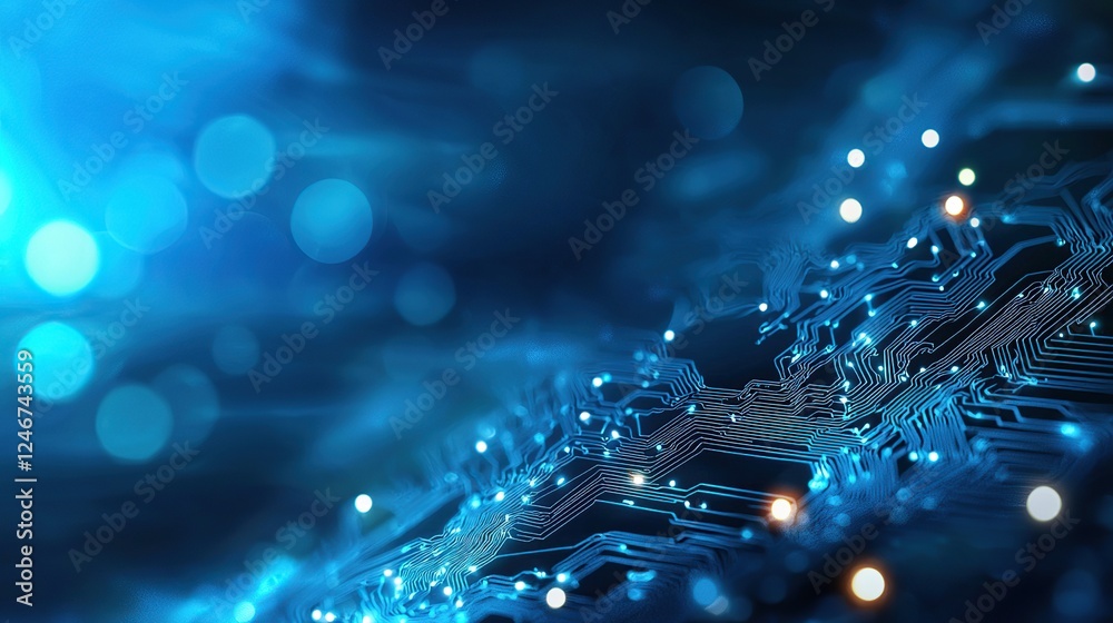 Wall mural abstract blue background with digital circuits and glowing lights, creating a futuristic technology 