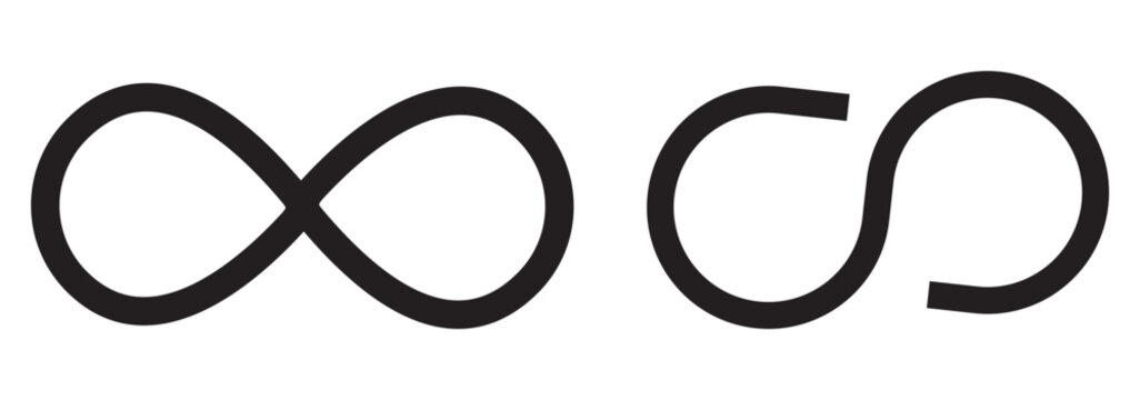 infinity icons. Editable stroke. The symbol of the unlimited in mathematics, space. Set of different lines of shapes. Black geometric elements on a white background. Stock thin illustration