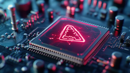 Cybersecurity threat concept with macro view of circuit board and virus alert
