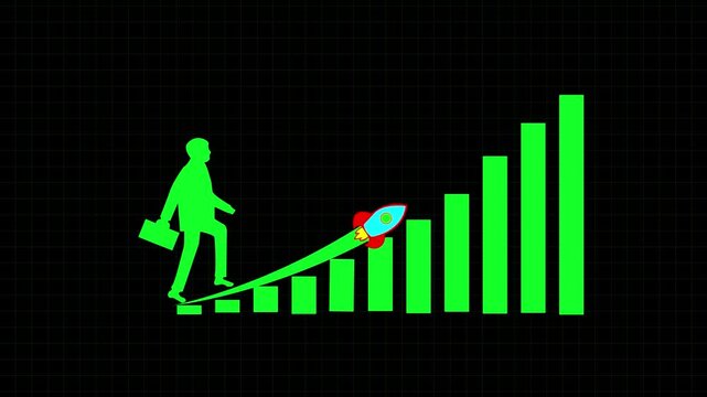 Composite  of businessman climbing with briefcase Arrow Rising On Graph With rocket Sale Symbolize. Business graph icon showing growth.