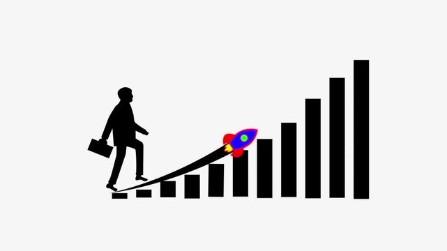 Composite  of businessman climbing with briefcase Arrow Rising On Graph With rocket Sale Symbolize. Business graph icon showing growth.