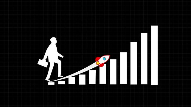 Composite  of businessman climbing with briefcase Arrow Rising On Graph With rocket Sale Symbolize. Business graph icon showing growth.