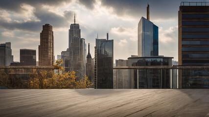 A modern cityscape with high-rise buildings is viewed from an elevated surface. A dramatic, cloudy sky frames the urban landscape.