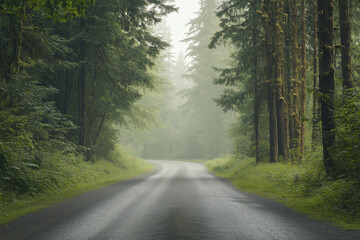 Fototapeta premium Serene empty road surrounded by lush greenery and morning mist with copy space