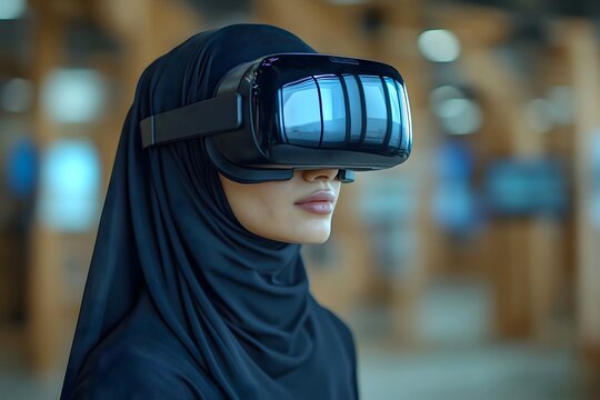 Muslim Woman Experiencing Virtual Reality Futuristic Technology Concept.