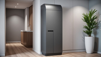 Sleek matte black compact automatic shoe sanitizing station in modern hospital lobby