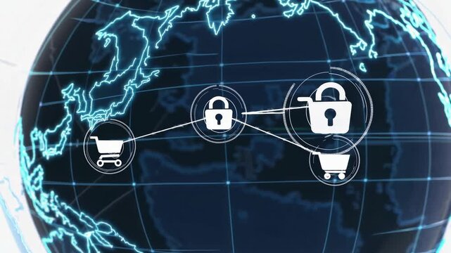 Global Secure Shopping:  A digital illustration depicting a world map with shopping carts connected by secure lock icons, symbolizing safe and secure online transactions across the globe.