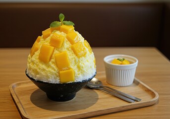 korean style fresh mango shaved ice on wood table