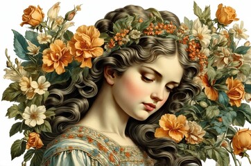 Vintage retro antique angel portrait illustration with colorful botanical flowers on isolated white background, people, culture and religion theme concept texture design.