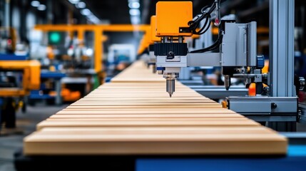Obraz premium Advanced Machinery in Woodworking Industry with Assembly Line and Precision Tools for Manufacturing Process