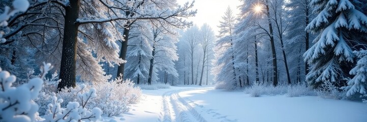 Snowy forest with silver foliage and branches, silvery hue, snowflakes
