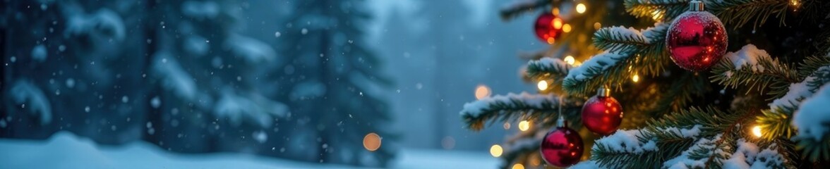 Snowy fir tree with twinkling lights and ornaments against a winter backdrop, snowfall, snow
