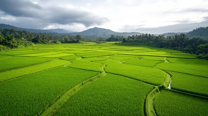 Obraz premium Lush green field with a scenic mountain landscape in the background under a clear blue sky