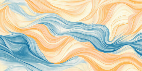 A seamless background of smooth, curved waves in pastel peach fuzz, chambray blue, and sunshine yellow, evoking a sense of fluidity and serenity.