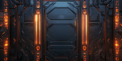 Futuristic sci-fi metal panel background with engraved cybernetic patterns and neon highlights.