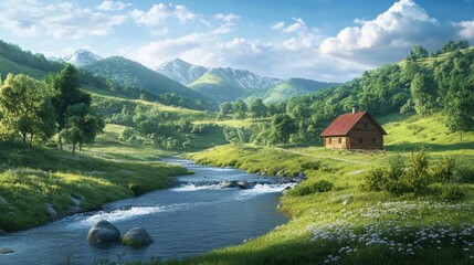 Fototapeta premium A peaceful rural countryside with rolling green hills, a wooden farmhouse, and a river flowing through the valley