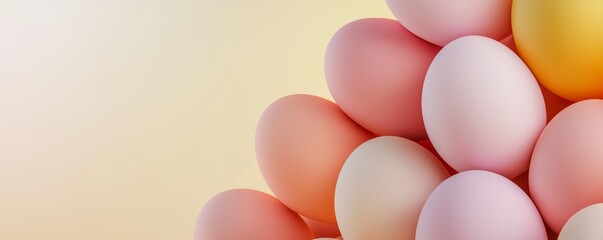 A collection of pastel-colored eggs stacked together against a soft, light background, evoking a cheerful, festive atmosphere.