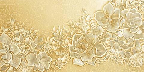Elegant golden floral lace background with delicate filigree detailing, intricate and stylish.