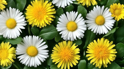 Fototapeta premium Field of White Daisies and Yellow Dandelions, Botanical Photography, Vivid Natural Colors