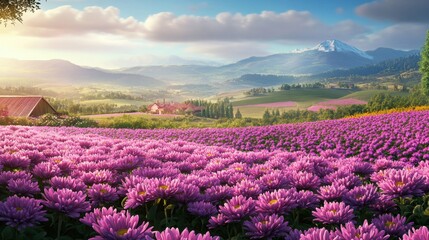 Fototapeta premium A rural landscape with a beautiful flower farm, filled with blooming pink and purple chrysanthemums, stretching towards the horizon