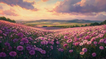 Fototapeta premium A rural landscape with a beautiful flower farm, filled with blooming pink and purple chrysanthemums, stretching towards the horizon