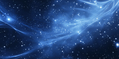 A midnight blue background with flowing, radiant lines resembling a constellation or galaxy. The cosmic-inspired design creates a sense of mystery and awe, ideal for science fiction themes or tech