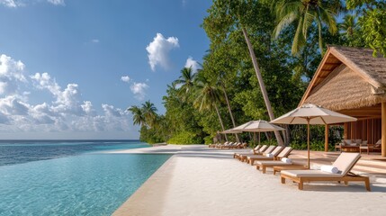 Beach with thatched roof overlooking calm ocean waves and clear blue sky