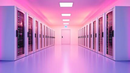 A futuristic data center corridor illuminated in pink light, featuring rows of server racks and a sleek, modern design.