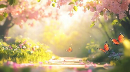 Obraz premium A soft-focus spring garden with colorful blossoms and butterflies, creating a peaceful and natural atmosphere