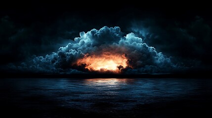 Obraz premium Dramatic sunset over a dark ocean with ominous clouds and glowing horizon, creating a surreal atmosphere