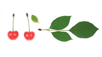 Fresh Red Cherries with Green Leaves Isolated on White Background