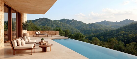 Fototapeta premium Large swimming pool with a scenic view of mountains and clear blue sky in a tranquil outdoor setting