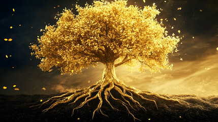 Artistic golden tree with deep roots and blooming flowers, symbolizing resilience and growth