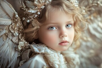Fototapeta premium Young girl with delicate angel wings and floral crown in softly lit environment