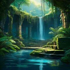 A tropical jungle with ancient ruins covered in moss, vines creeping over the stone, and a hidden waterfall cascading into a crystal-clear pool.