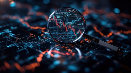 Magnifying glass over red and blue chart representing data analysis and research results