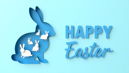 Fototapeta premium Layered Paper-Cut Easter Rabbit with Elegant Typography on Light Blue Background