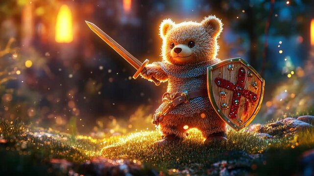 A tiny warrior teddy bear holding a sword and shield in a glowing fantasy world