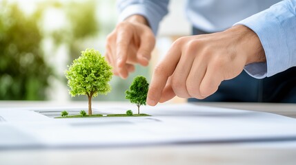 Hands Arranging Miniature Green Trees on Architectural Blueprint