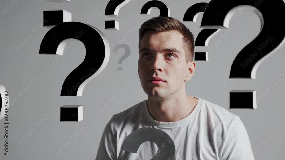 Poster Multiple views of a thoughtful young man pondering numerous floating question marks against a seamless gray backdrop, symbolizing decision making and problem solving